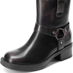 Women's Ankle Zipper Motorcycle Boots - Black/Brown, Size 6